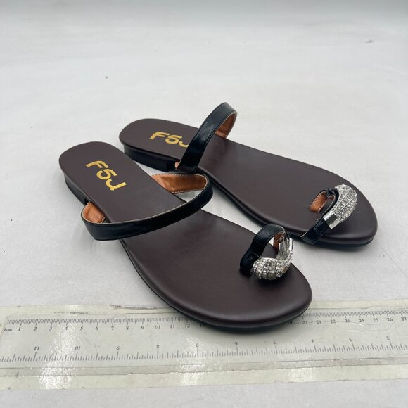 FSJ Black/Brown Simple Low Heel Toe Ring Sandals with Crystal - Picture 3 of 7